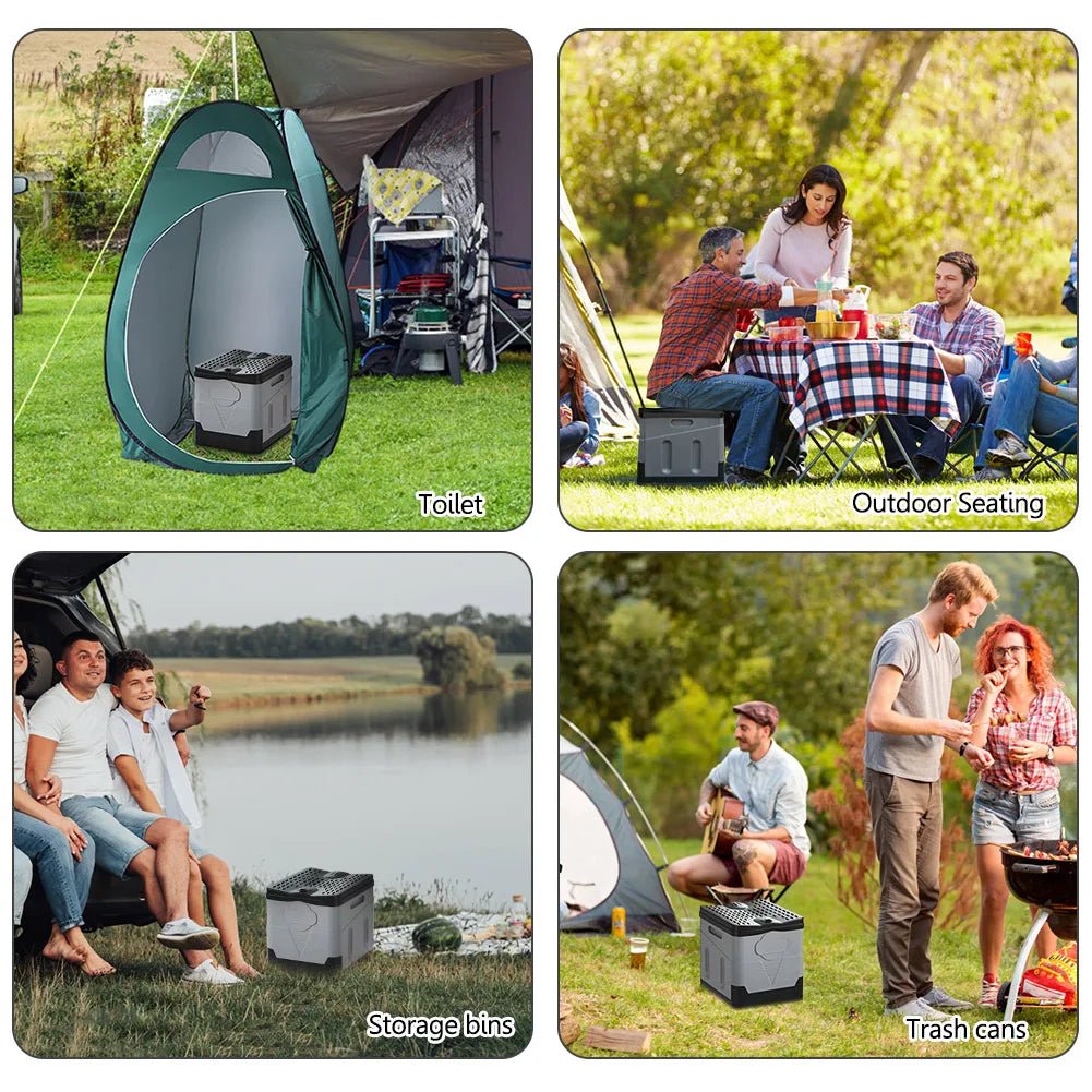 Portable car toilet and trash can from BACKUPMYFILESNOW.COM®, compact folding design for outdoor camping, travel, and emergency use.