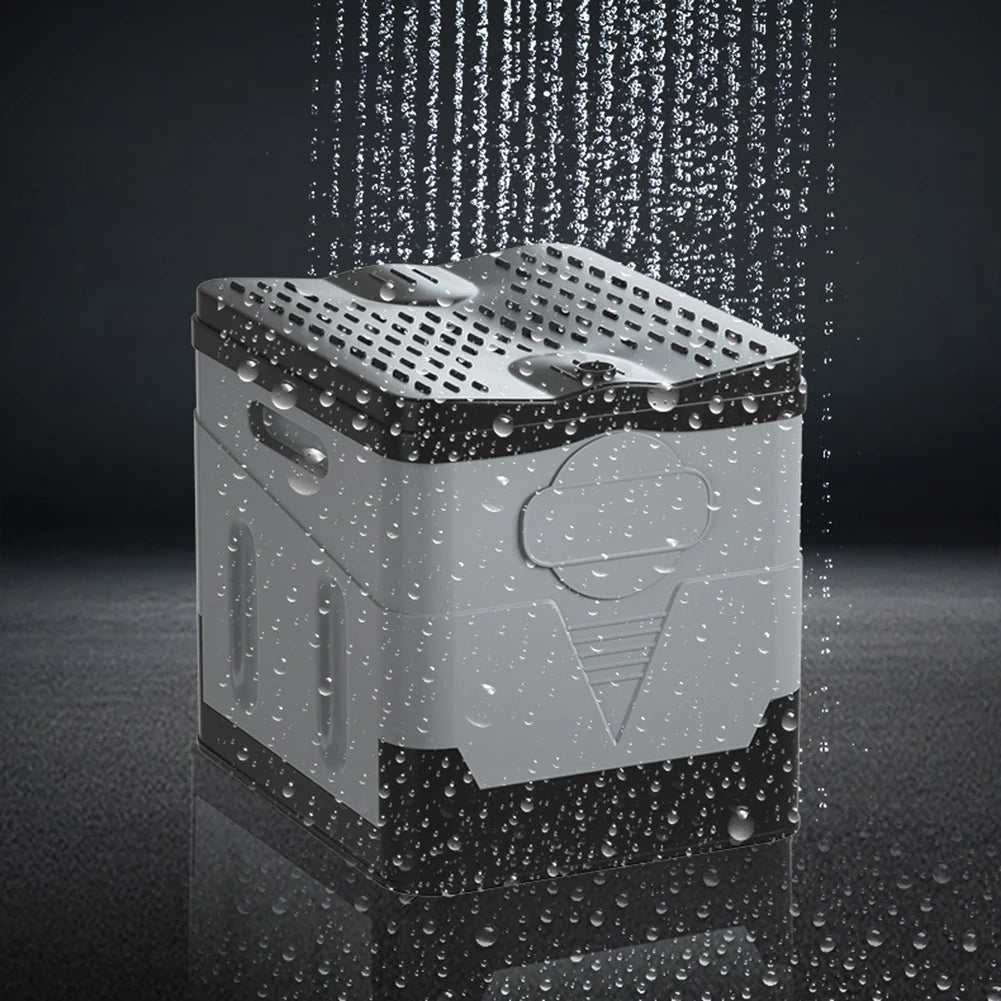 Portable car toilet and trash can by BACKUPMYFILESNOW.COM® for outdoor camping, travel, and emergency use, featuring a folding design.