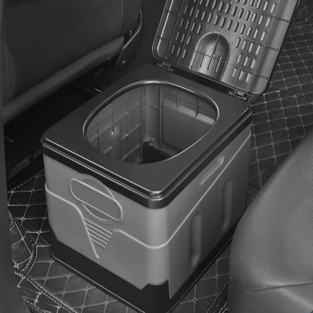 Portable car toilet bucket with 1-8 roll capacity, compact folding design for outdoor camping, travel, and emergency use.