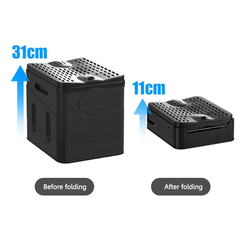 Portable car toilet and trash can by BACKUPMYFILESNOW.COM®, foldable, for travel, camping, outdoor use, and emergencies.