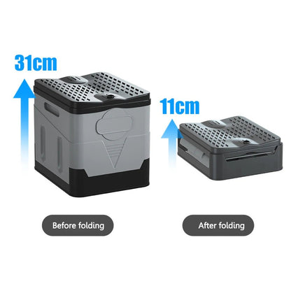 Portable car toilet and trash can with foldable design, suitable for outdoor camping, travel, and emergency use by adults.