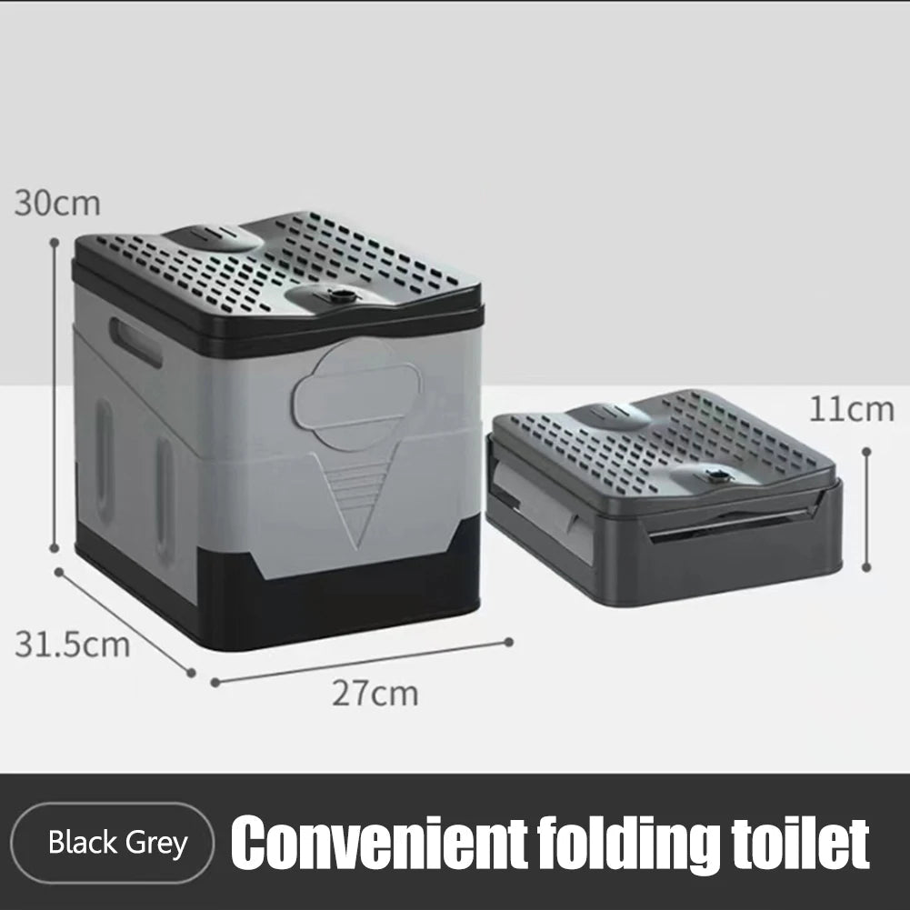 Portable car toilet and trash can by BACKUPMYFILESNOW.COM, folding design for outdoor camping, travel, and emergency use.