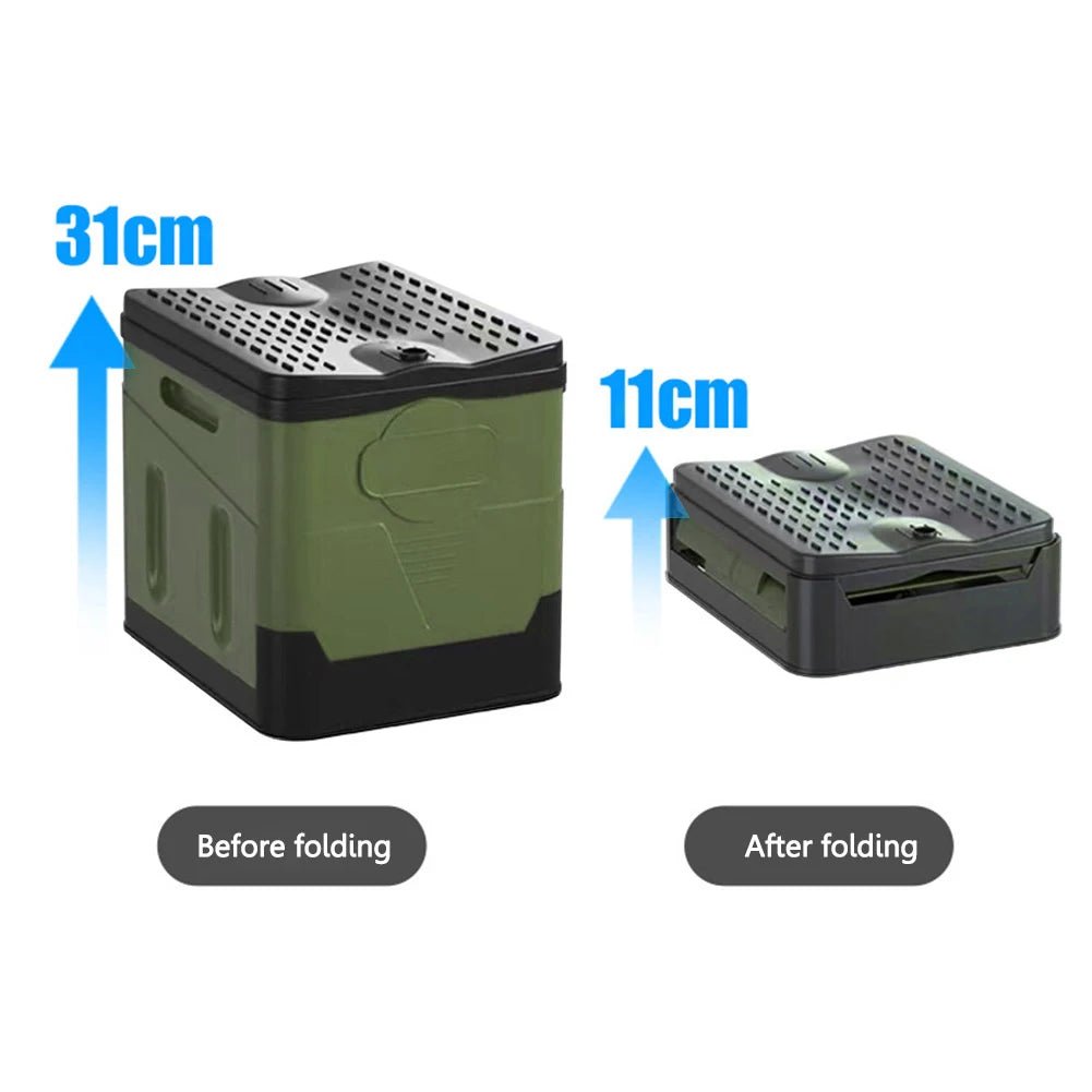 Portable toilet and trash can set by BACKUPMYFILESNOW.COM®, 1-8 roll capacity, folding design for camping, travel, and emergency use.