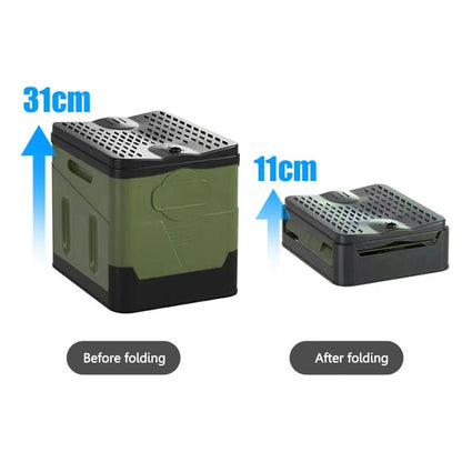 Portable toilet and trash can set by BACKUPMYFILESNOW.COM®, 1-8 roll capacity, folding design for camping, travel, and emergency use.