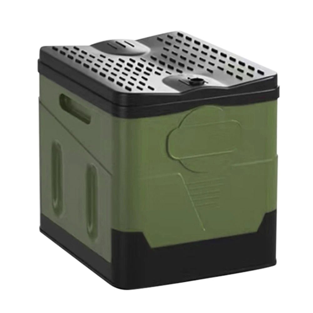 Portable car toilet bucket trash can from BACKUPMYFILESNOW.COM®, foldable design for outdoor camping, travel, and emergency use for adults.