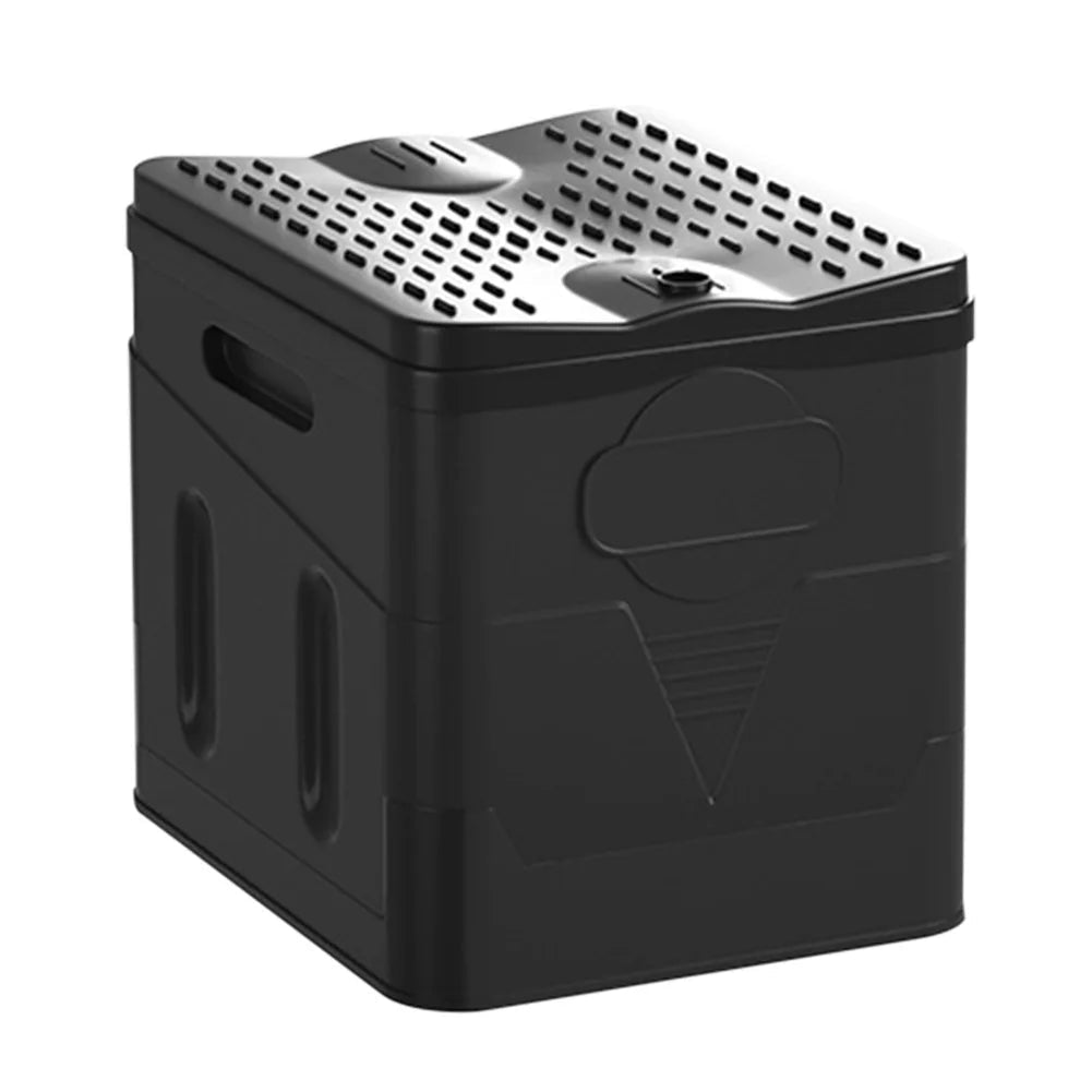Portable car toilet and trash can by BACKUPMYFILESNOW.COM®, foldable, travel-friendly for outdoor camping and emergency use.