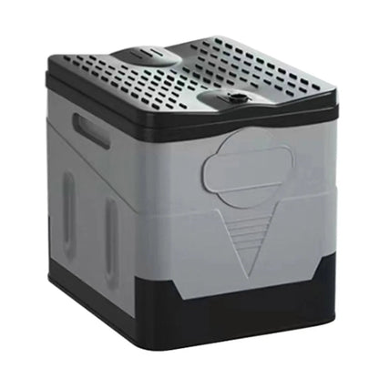 Portable car toilet and trash can by BACKUPMYFILESNOW.COM®, foldable design ideal for outdoor camping and travel emergencies.
