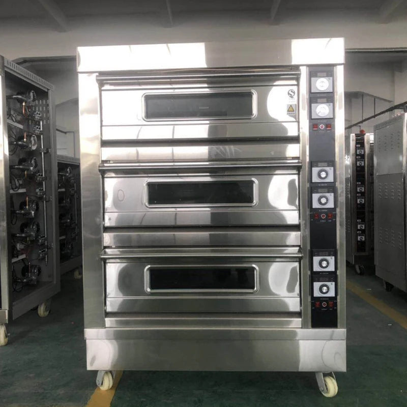 Electric commercial bakery oven with three layers, six plates, large capacity, used for baking pizza, bread, cakes, and pastries.