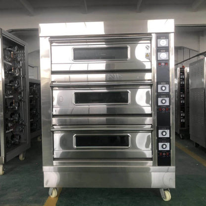 Electric commercial bakery oven with three layers, six plates, large capacity, used for baking pizza, bread, cakes, and pastries.