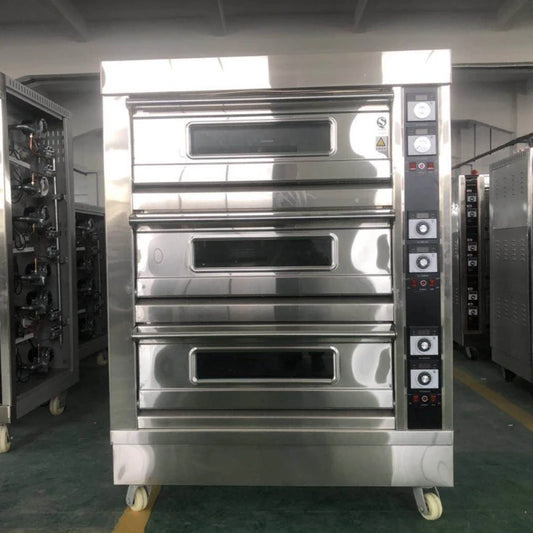 Electric commercial bakery oven with three layers, six plates, large capacity, used for baking pizza, bread, cakes, and pastries.