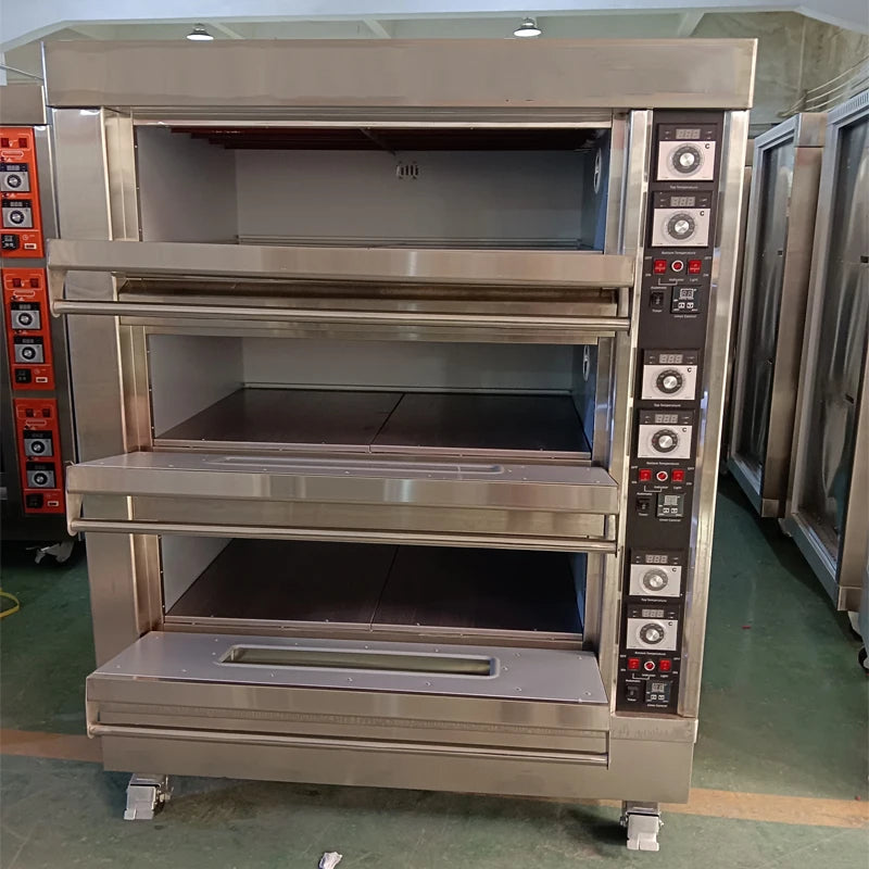 Electric commercial bakery oven with three layers, six plates, large capacity for baking pizza, cake, bread, and bakery products.