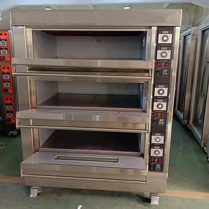 Electric commercial bakery oven with three layers, six plates, large capacity for baking pizza, cake, bread, and bakery products.