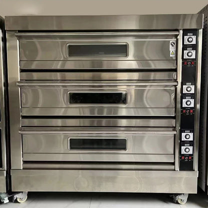 Electric commercial oven with three layers and six plates, used for baking pizza, bread, and cakes in bakery settings.