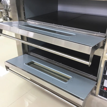 Electric commercial bakery oven with three layers and six plates, designed for baking pizza, bread, cake, and bakery goods.