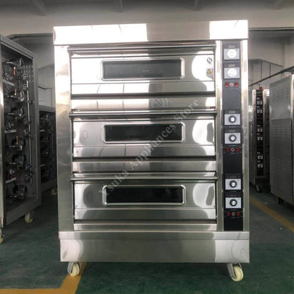 Electric commercial bakery oven with three layers, six plates, large capacity for baking pizza, bread, and cakes.