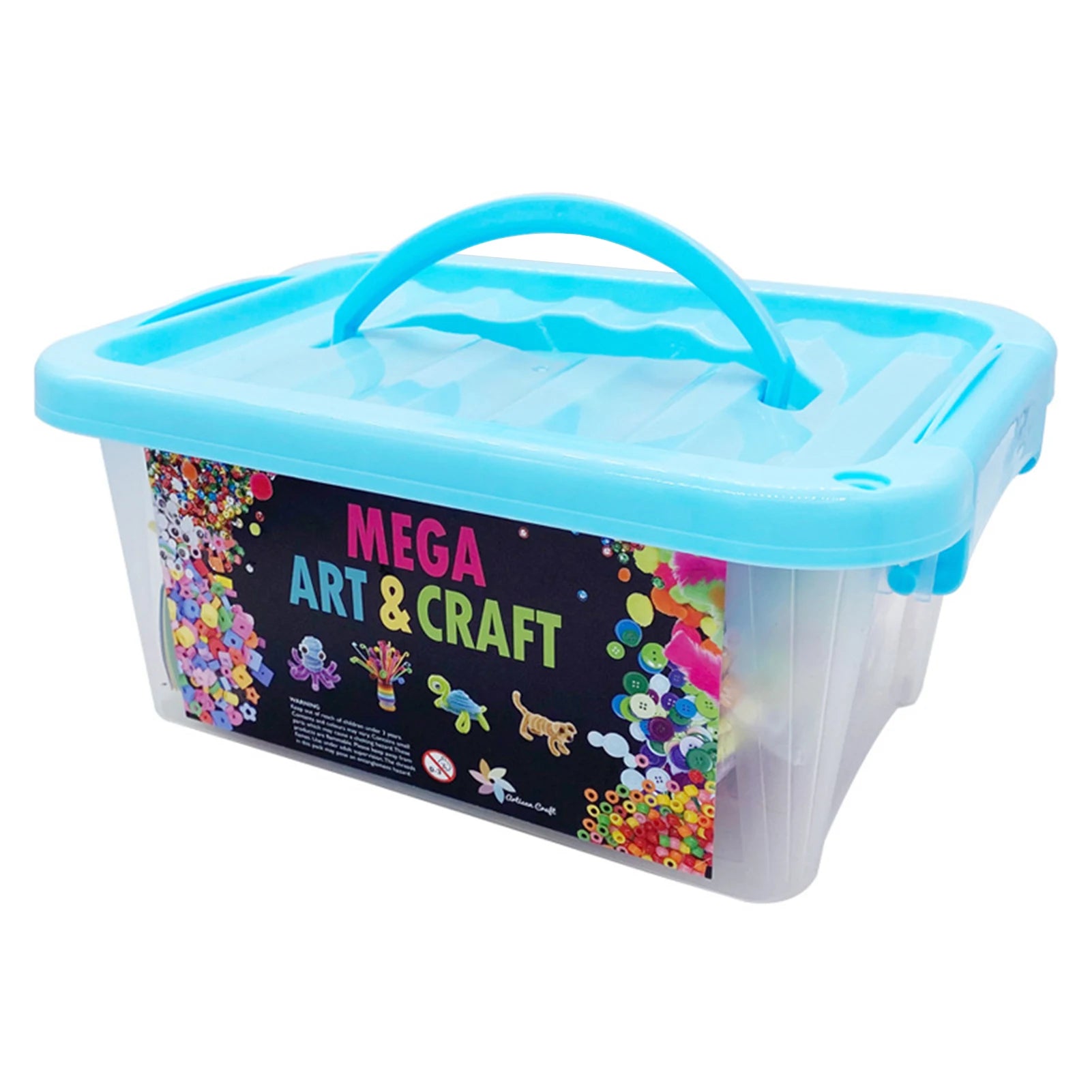 DIY arts and crafts supplies kit with over 2000 pieces, including colorful materials and tools in a carrying box for creative activities.