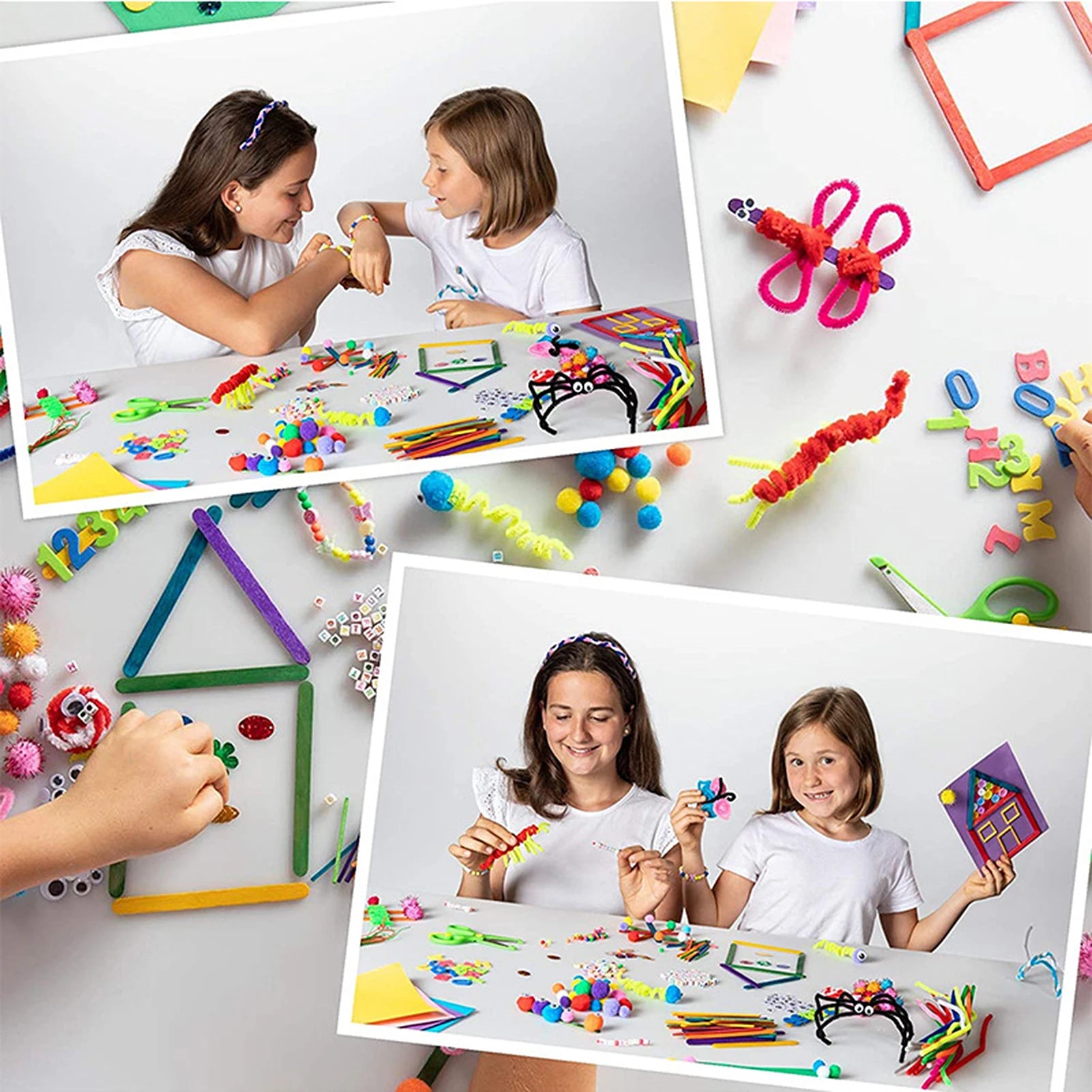 DIY arts and crafts supplies kit with 2000+ pieces, colorful craft materials in a carrying box for handmade educational activities.