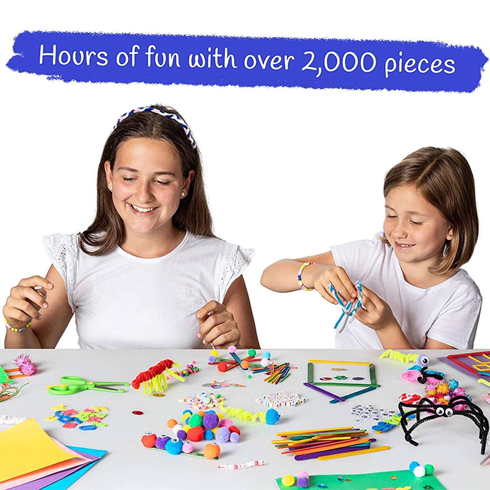 DIY arts and crafts supplies kit with 2000+ pieces, including colorful craft materials and a carrying box for creative projects.
