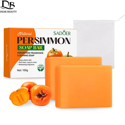 Persimmon cleansing soap bar with foaming net, exfoliating and whitening, handmade fruit soap for body and face care.
