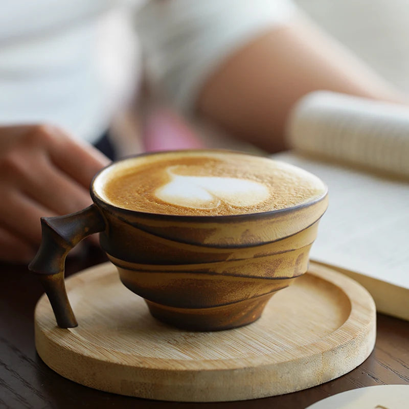 Vintage bamboo ceramic coffee mug by BackupMyFilesNow.com, showcasing a high-end Japanese-inspired design with intricate details.