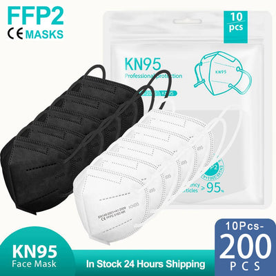 Set of 200 black KN95 FFP2 face masks with 5-layer non-woven fabric, CE certified, reusable, suitable for adult protection.