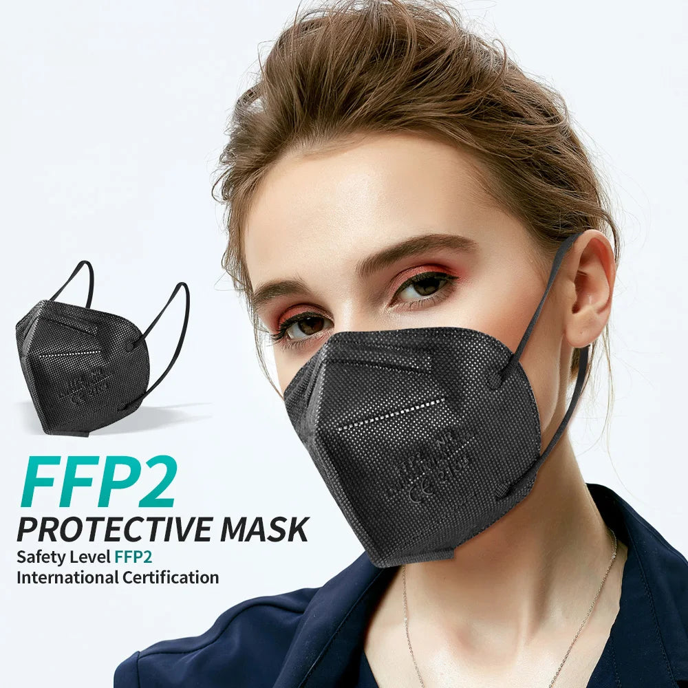 Black KN95 FFP2 face masks, CE certified, 5-layer non-woven adult masks, reusable, pack of 10-200pcs.