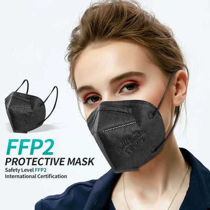Black KN95 FFP2 face masks, CE certified, 5-layer non-woven adult masks, reusable, pack of 10-200pcs.