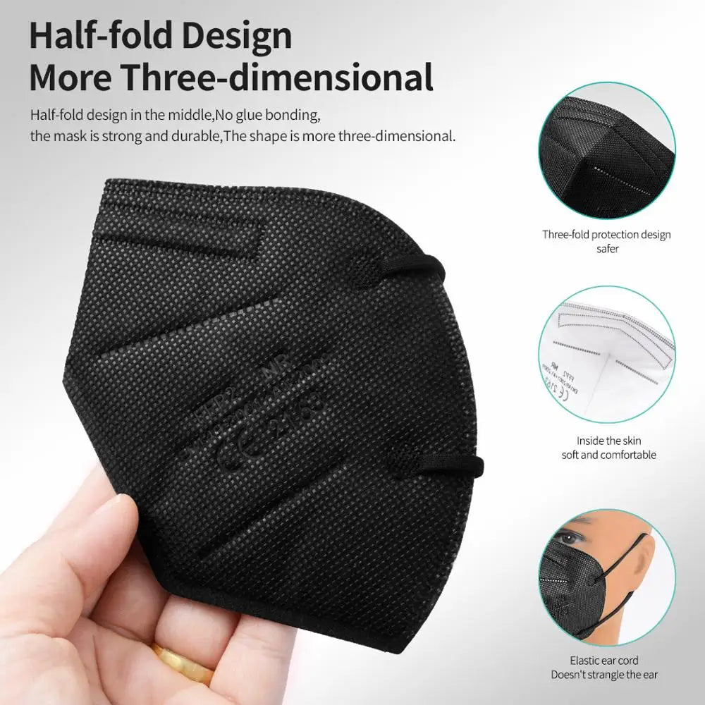 Set of 200 black KN95 FFP2 face masks with 5-layer non-woven material, CE certified, reusable for adult protection.