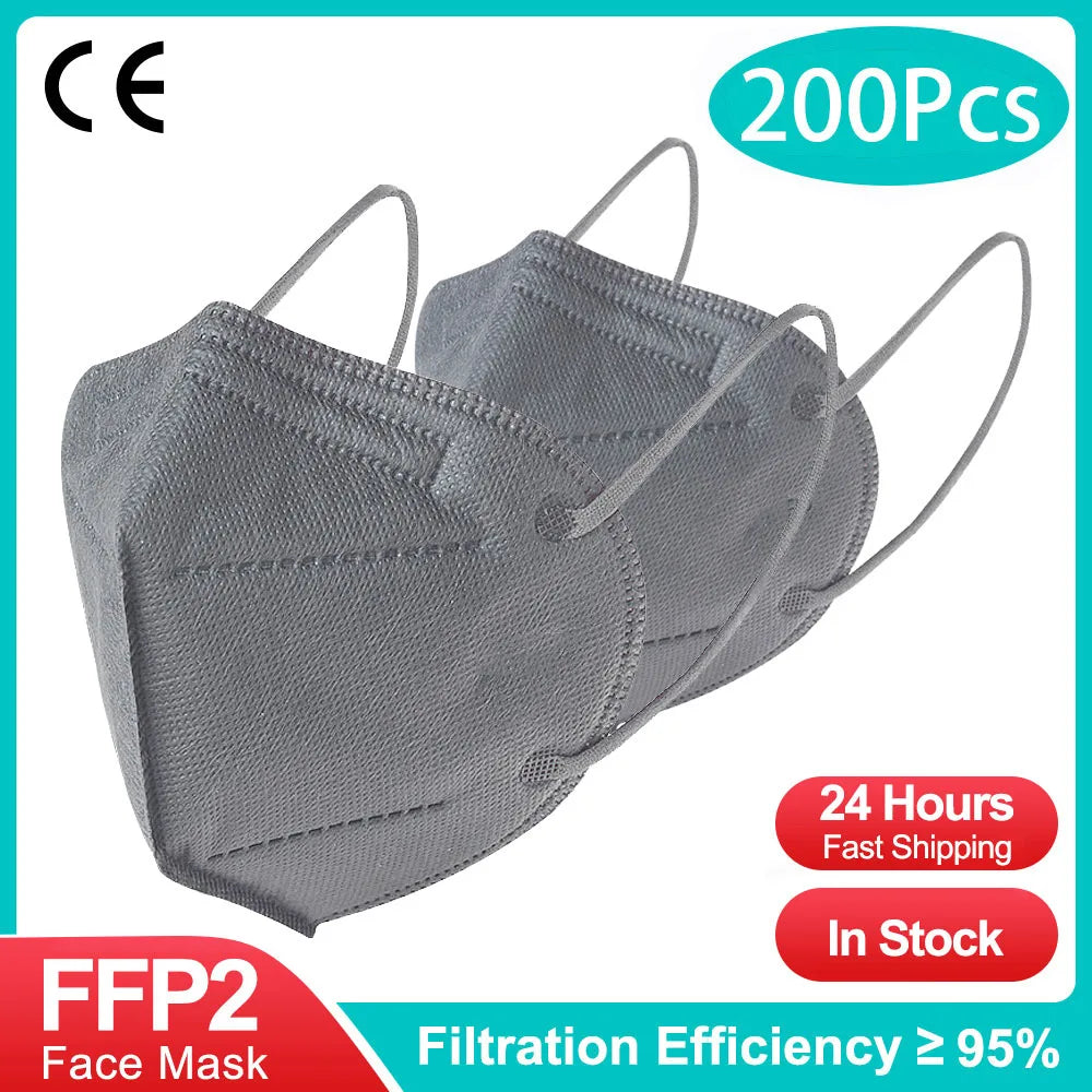Black KN95 FFP2 face masks, 10-200 pack, CE certified, 5-layer non-woven adult masks, reusable and breathable.