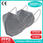 Black KN95 FFP2 face masks, 10-200 pack, CE certified, 5-layer non-woven adult masks, reusable and breathable.