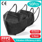 Set of 200 black KN95 FFP2 face masks with 5-layer non-woven material, CE certified, reusable for adult protection.
