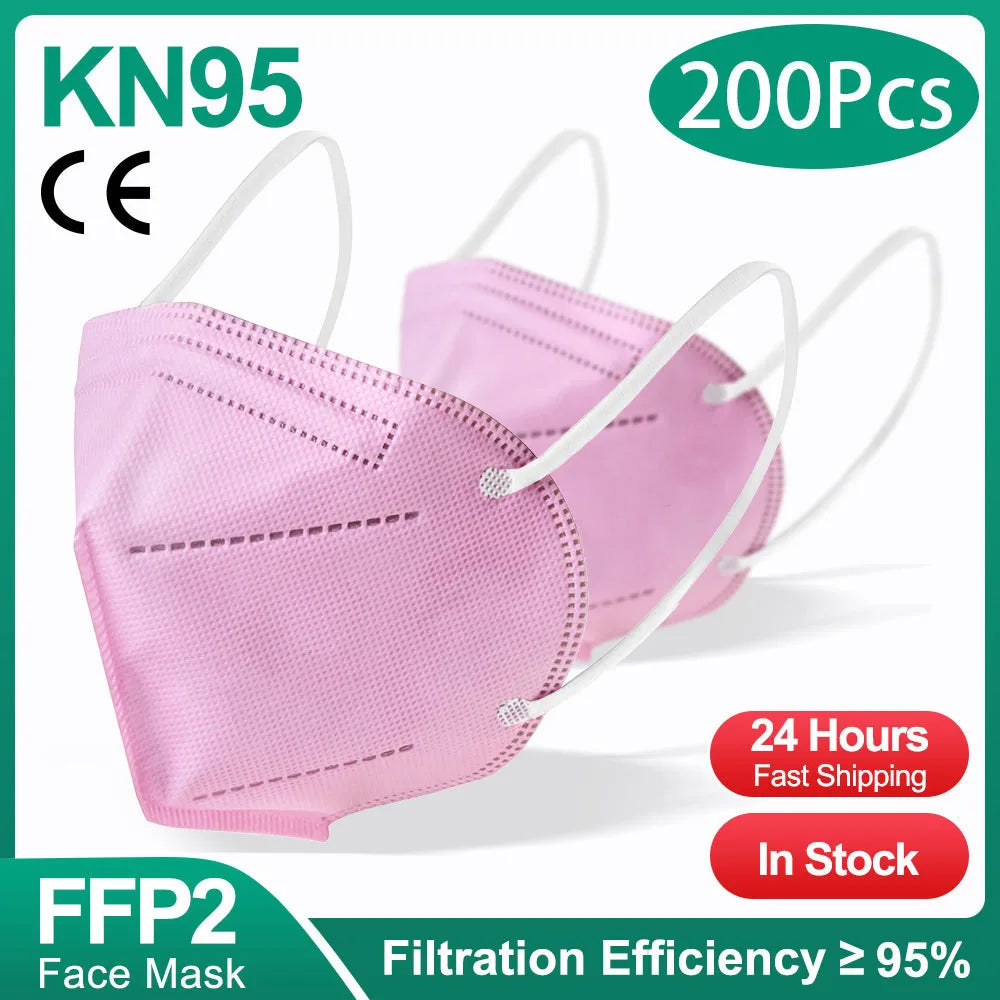 Black KN95 FFP2 face masks, CE certified, 5-layer non-woven adult masks, reusable, bulk pack of 10-200 pieces.