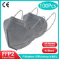 200 black KN95 FFP2 face masks with 5-layer non-woven material, CE certified, reusable adult protective masks.