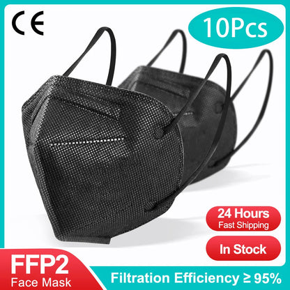 Black KN95 FFP2 face masks, CE certified, 5-layer non-woven adult masks, reusable, suitable for health protection.