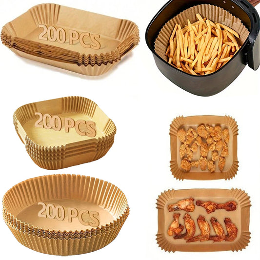 Disposable air fryer paper liners by BackupMyFilesNow.com, oil-proof, waterproof, in round, square, and rectangle shapes for baking.