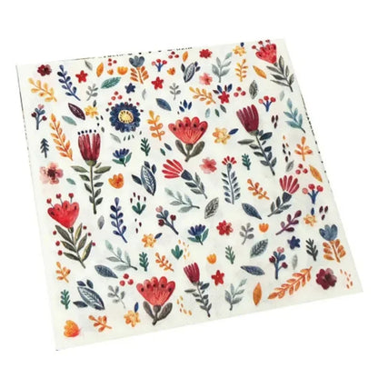 Colorful printed square paper napkins with floral design, ideal for restaurant, hotel, wedding table settings, made from pure wood pulp paper.
