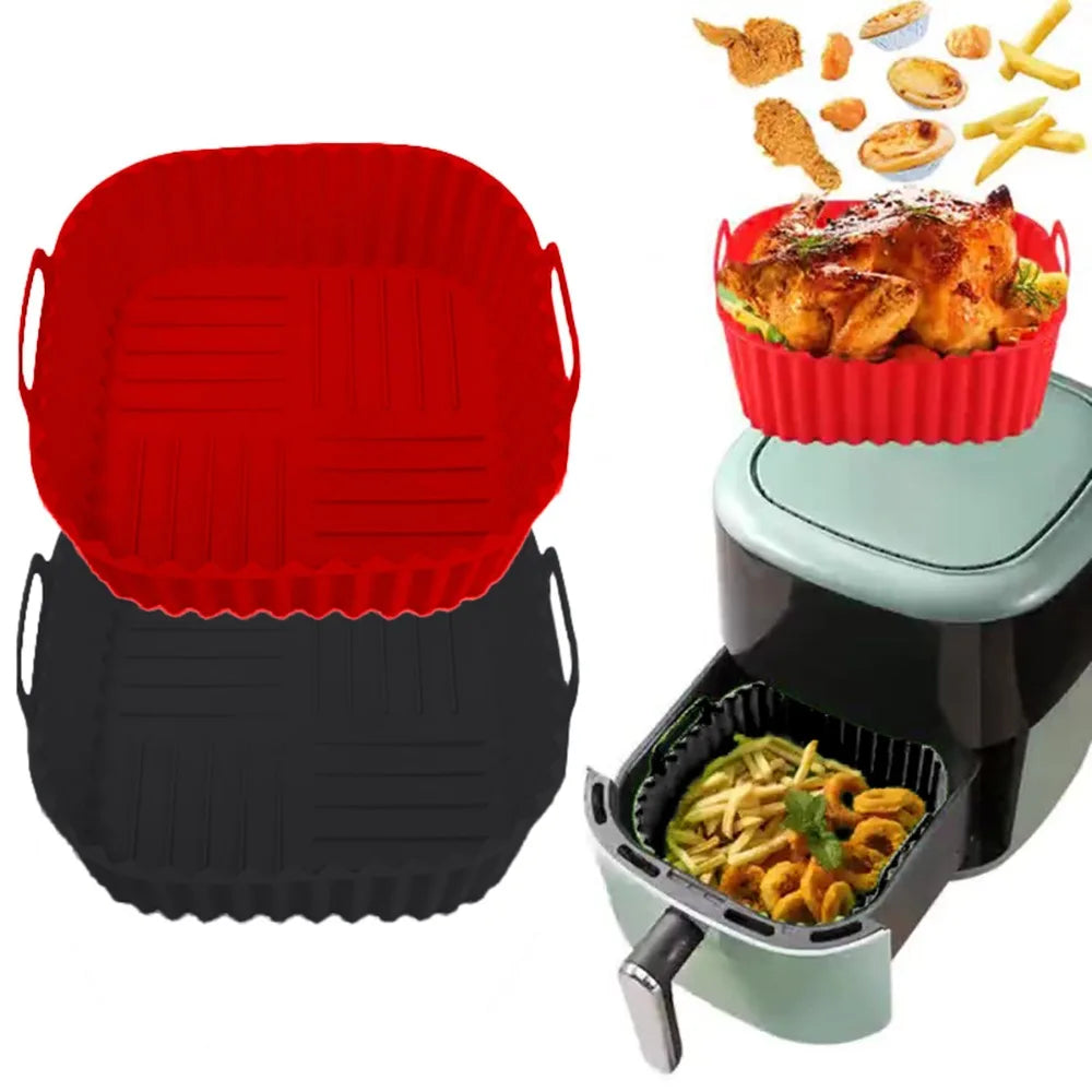 Square silicone air fryer basket and baking mold from BackupMyFilesNow.com, reusable, food-safe, ideal for oven, BBQ, and baking.