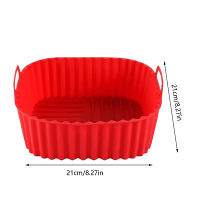 Square silicone air fryer basket and baking mold for oven, BBQ, and kitchen cooking, reusable food-safe pastry and bakeware tool.