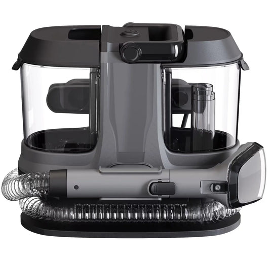 Electric wet and dry carpet cleaner by BACKUPMYFILESNOW.COM, with removable water tank, bagless design for home, hotel, car, and RV use.