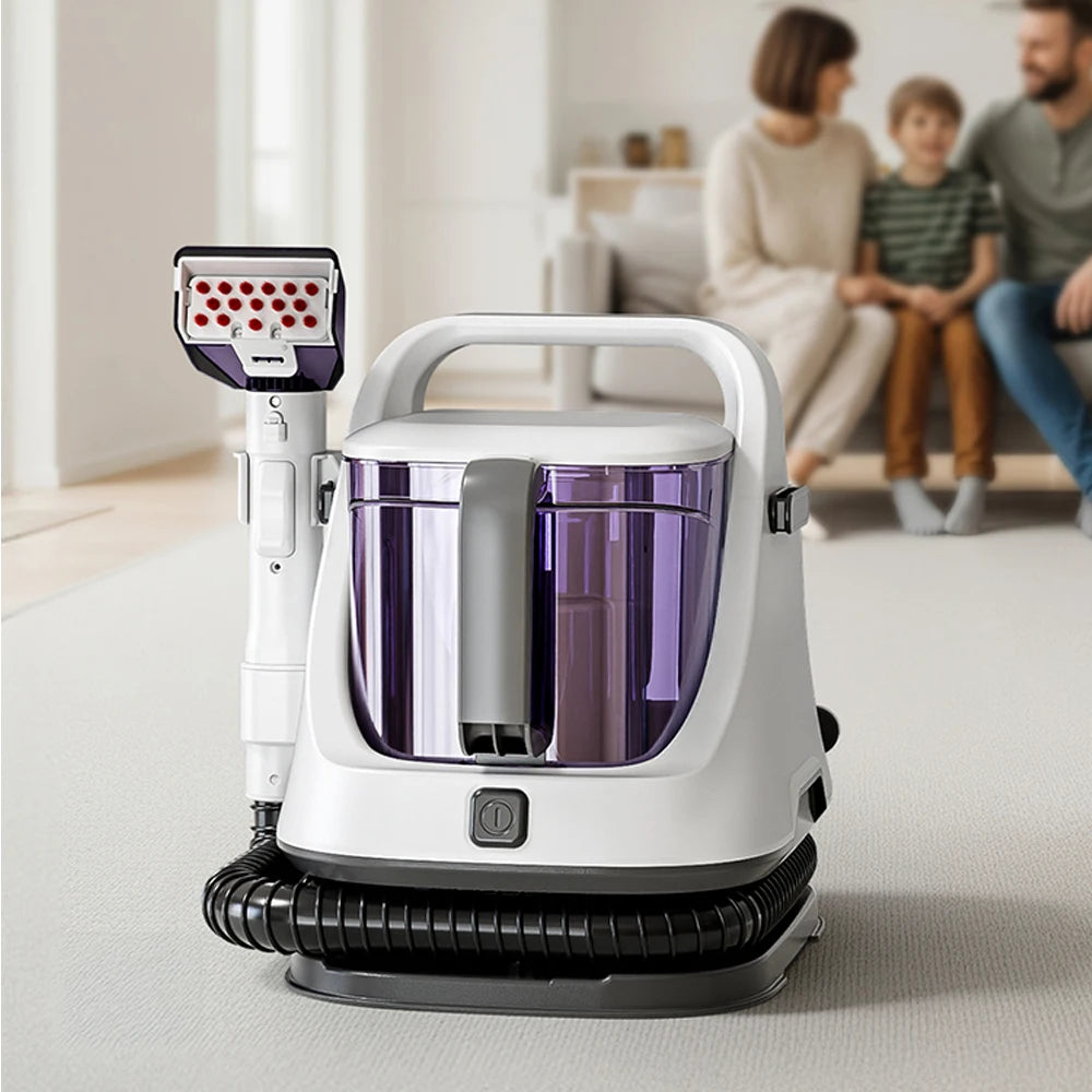Portable 650W carpet cleaner machine with 12KPa suction, white fabric spot cleaner with 3M cord for home use.