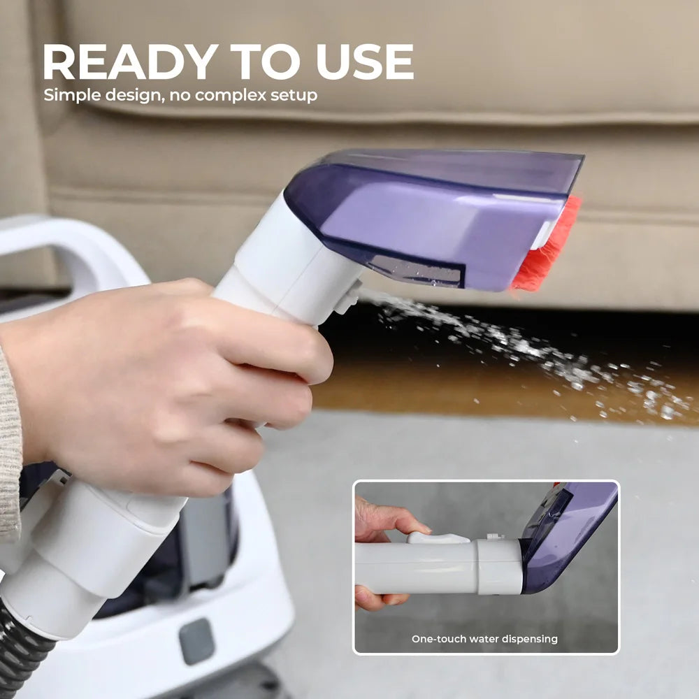 Portable BACKUPMYFILESNOW.COM® 650W carpet cleaner with 12KPa suction, white fabric spot cleaner with 3M cord for home use.