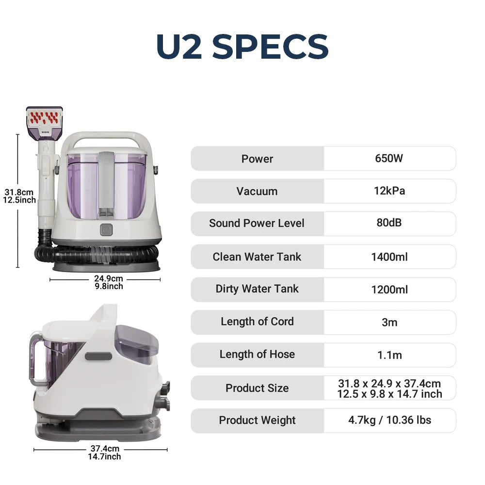 BackupMyFilesNow® 650W portable carpet cleaner machine with 12KPa suction, white fabric spot cleaner with 3M cord for home use.
