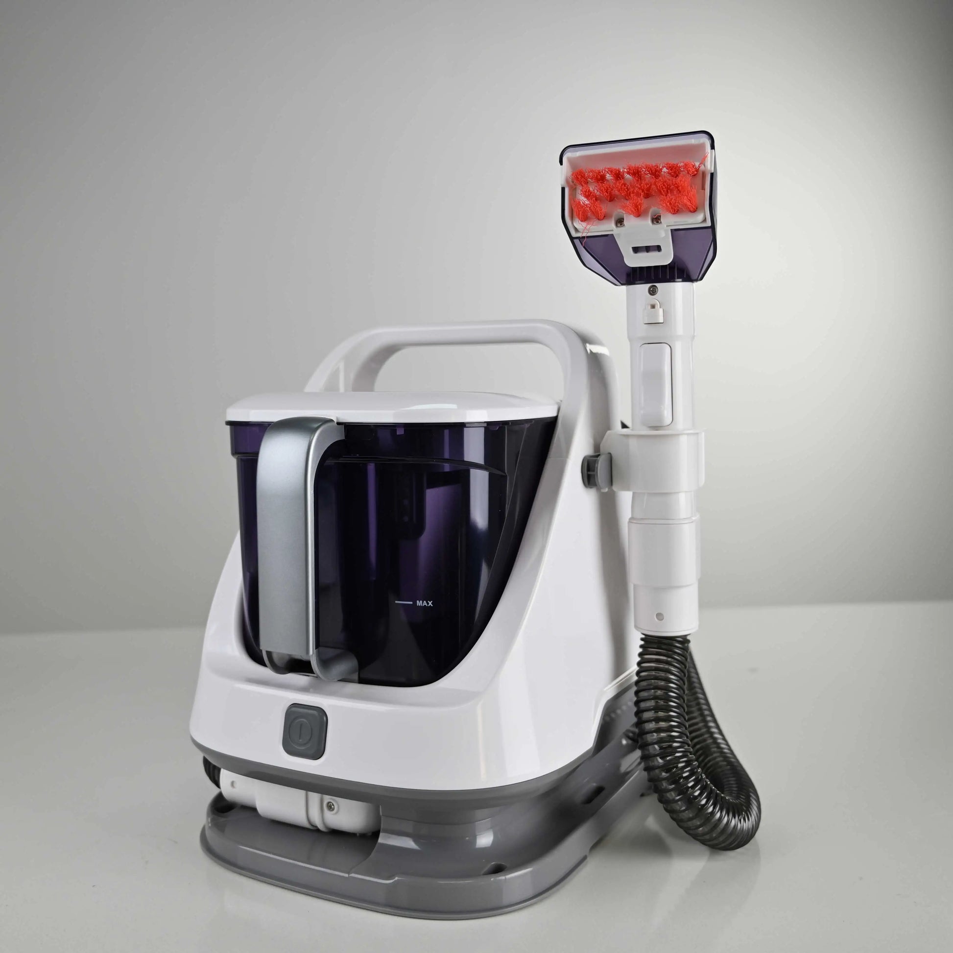 Portable 650W carpet cleaner machine with 12KPa suction, white fabric spot cleaner with 3M cord for home use.