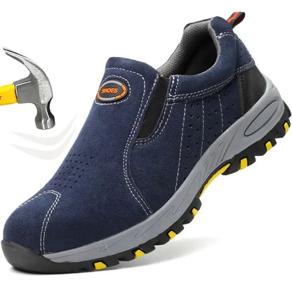 Low-top safety shoes for men with steel toe, anti-puncture, slip-on design, suitable for welding and industrial labor protection.