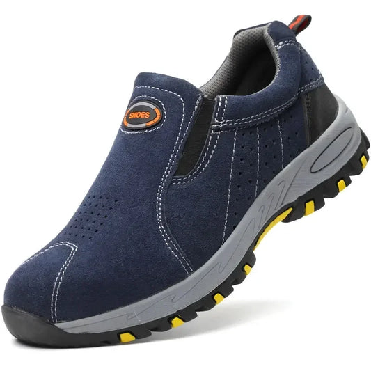 Low-top safety shoes for men with steel toe, anti-puncture, slip-on design, suitable for welding, industrial work, and labor protection.