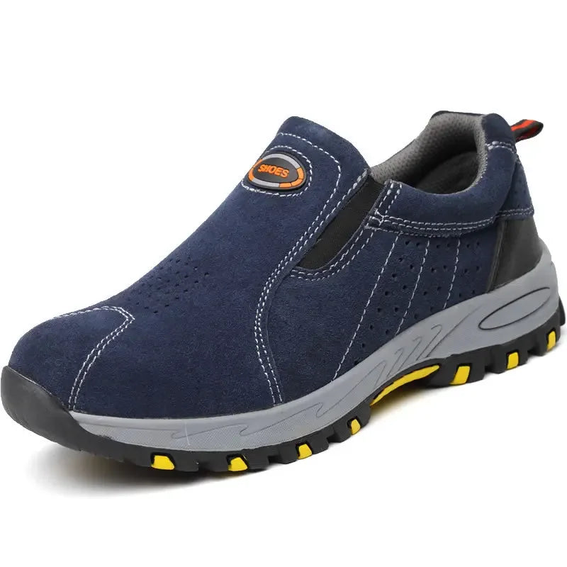 Men's low-top safety shoes with steel toe, anti-puncture, slip-on design, ideal for welding, industrial work, and labor protection.