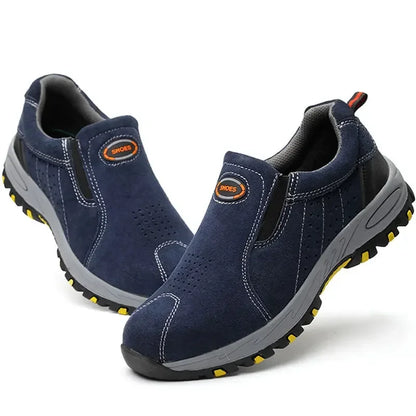 Low-top safety shoes for men with steel toe, anti-puncture, welding protection, slip-on design, industrial work sneakers.