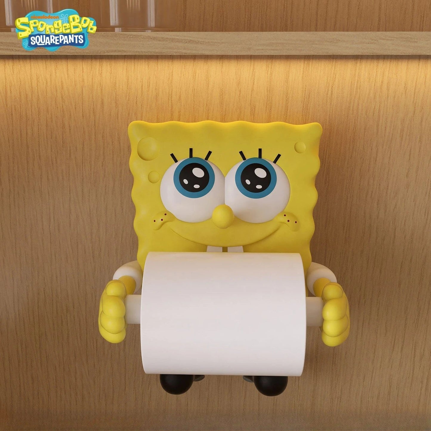 Decorative cartoon sponge coreless toilet paper roll holder and paper towel dispenser for bathroom or kitchen use.