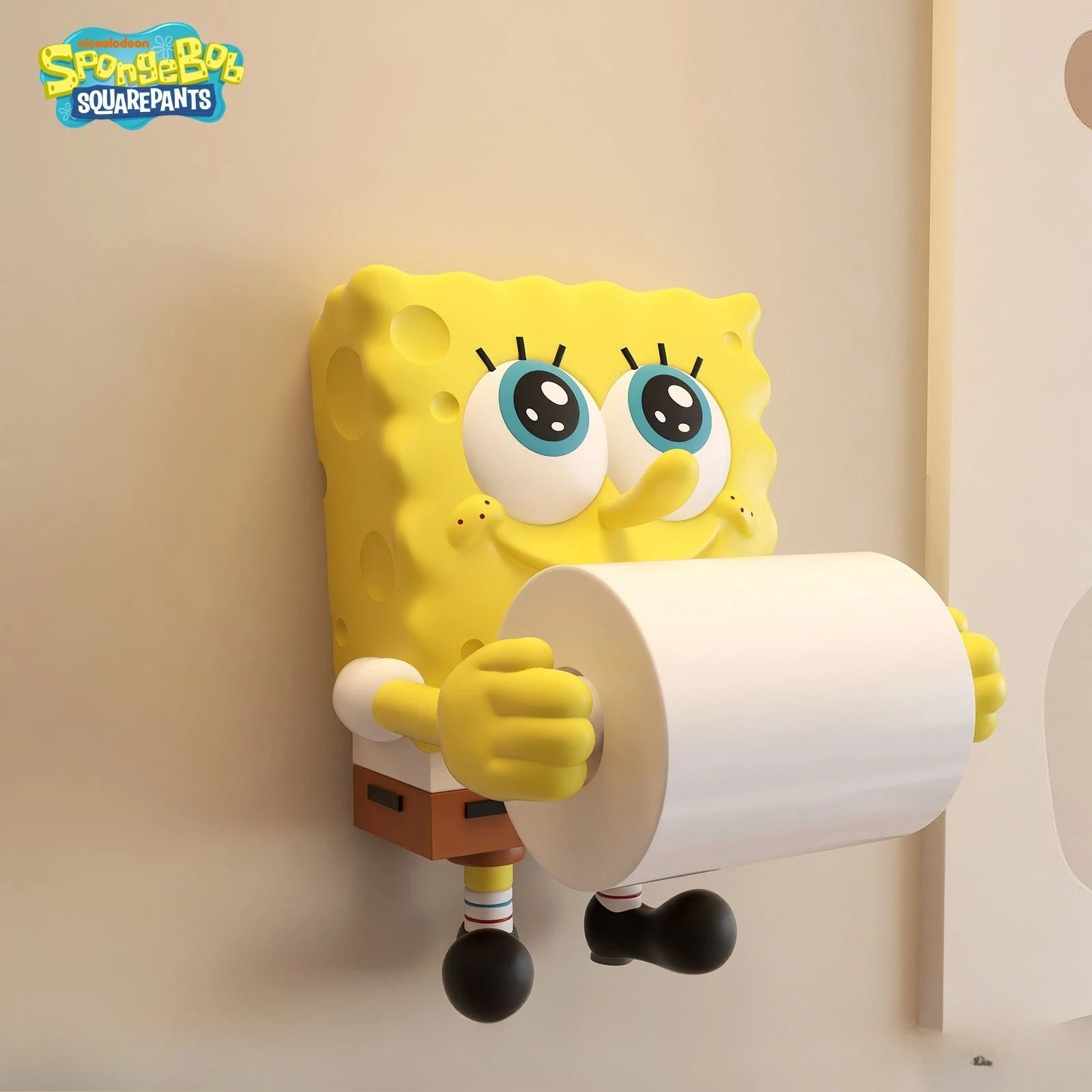 Decorative cartoon sponge coreless toilet paper roll holder and paper towel dispenser for bathroom or kitchen decor.