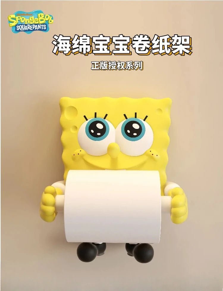 Decorative cartoon sponge coreless toilet paper roll holder and paper towel dispenser for bathroom or kitchen decor.